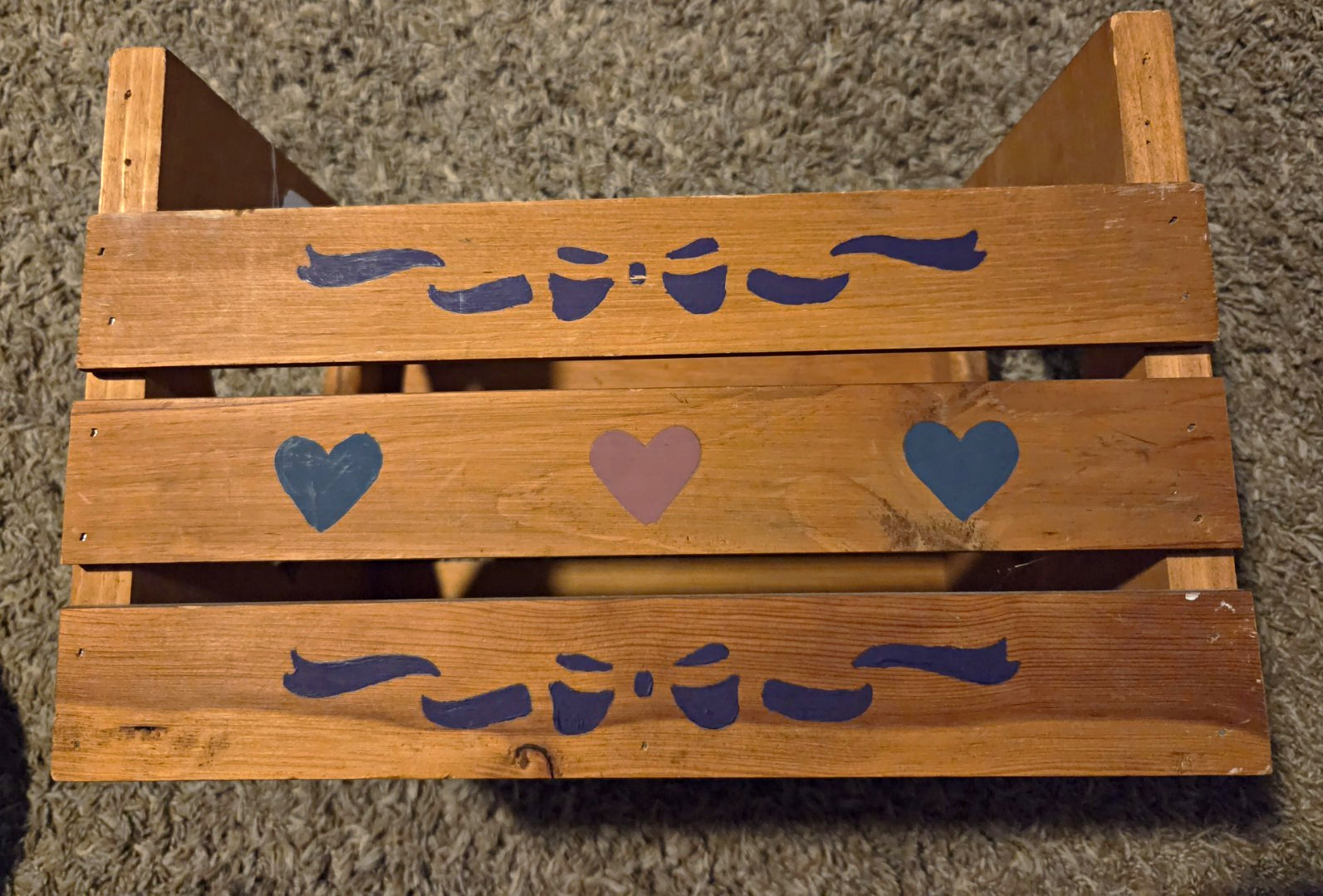 Vintage Wood Slatted Storage Crate Box w/Heart Handle Cutouts, Brown Blue Purple