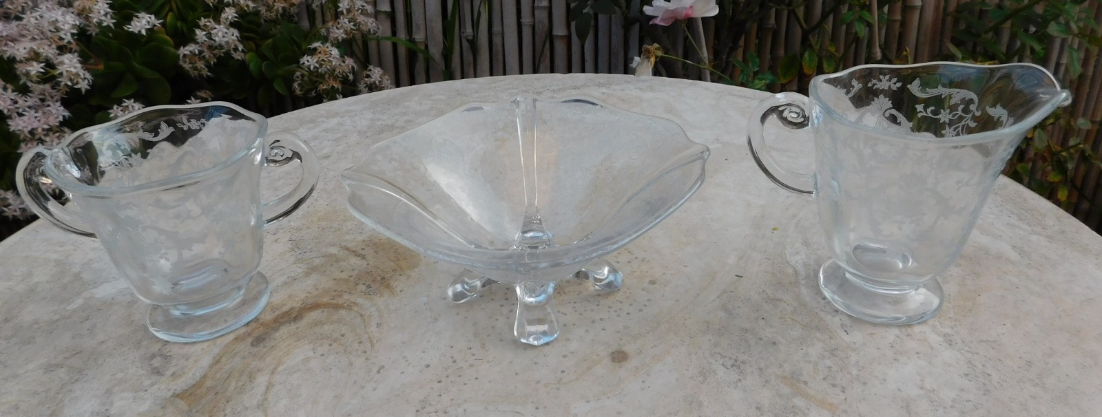 Vintage FOSTORIA Etching Glass Footed Creamer Sugar Bowl Vase Set of 3
