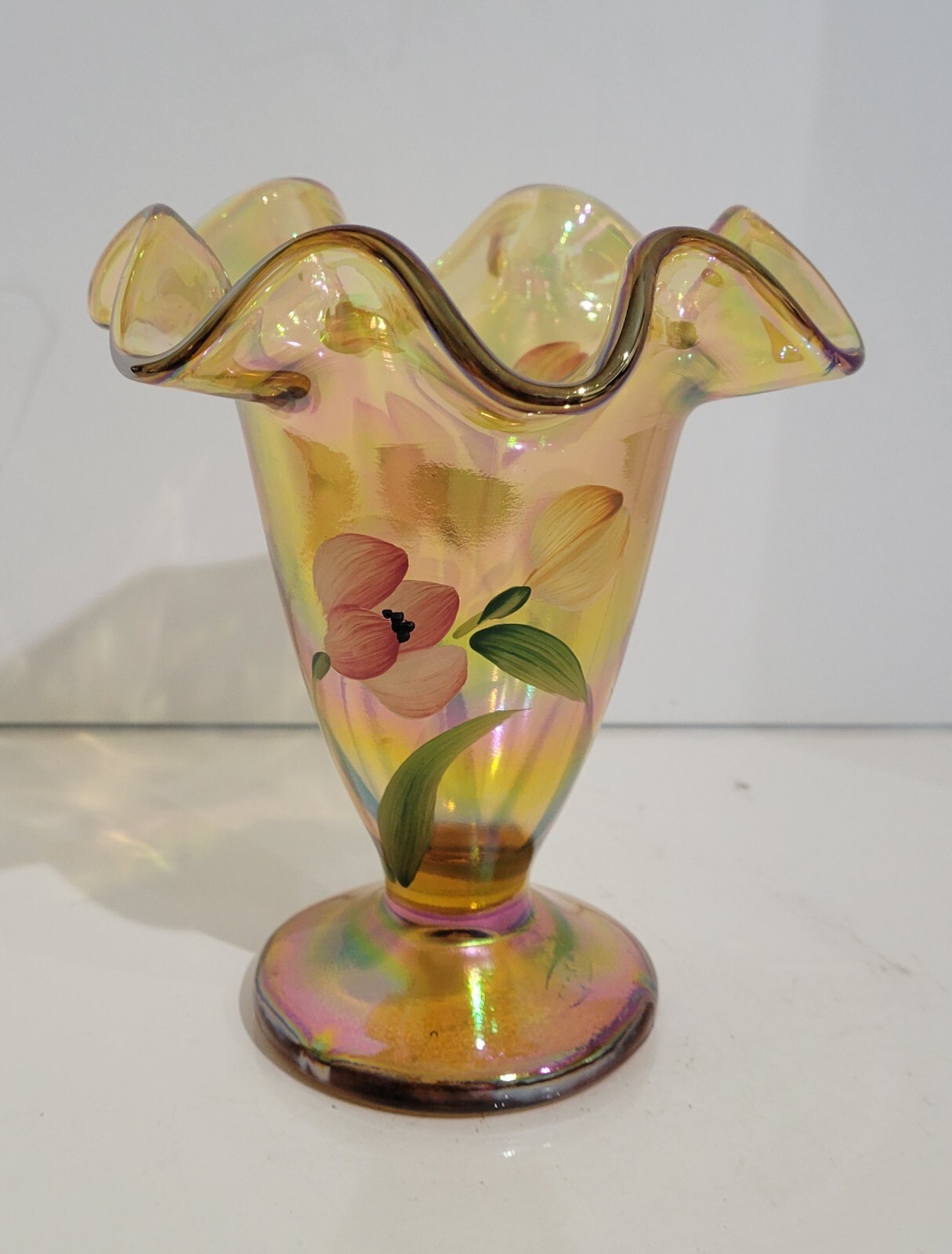 Vintage Fenton Iridescent Autumn Gold Vase, Hand Painted & Signed D Fenton Vintage Fenton Iridescent Autumn Gold Vase, Hand Painted & Signed D Fenton