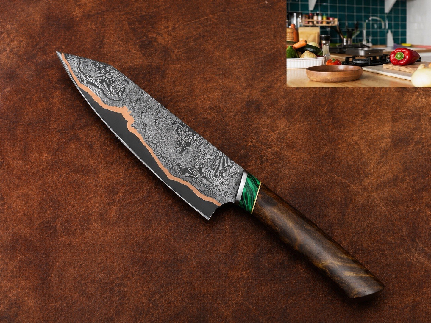 Copper Damascus Chef Knife Handmade Kitchen Knife-Copper Blade Bunka Chef Knife