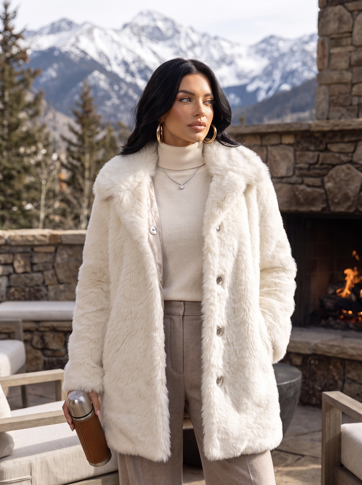 THE KORNER Faux Fur Coat S/M/L Cream/Ivory French Boutique Anthropologie NWT