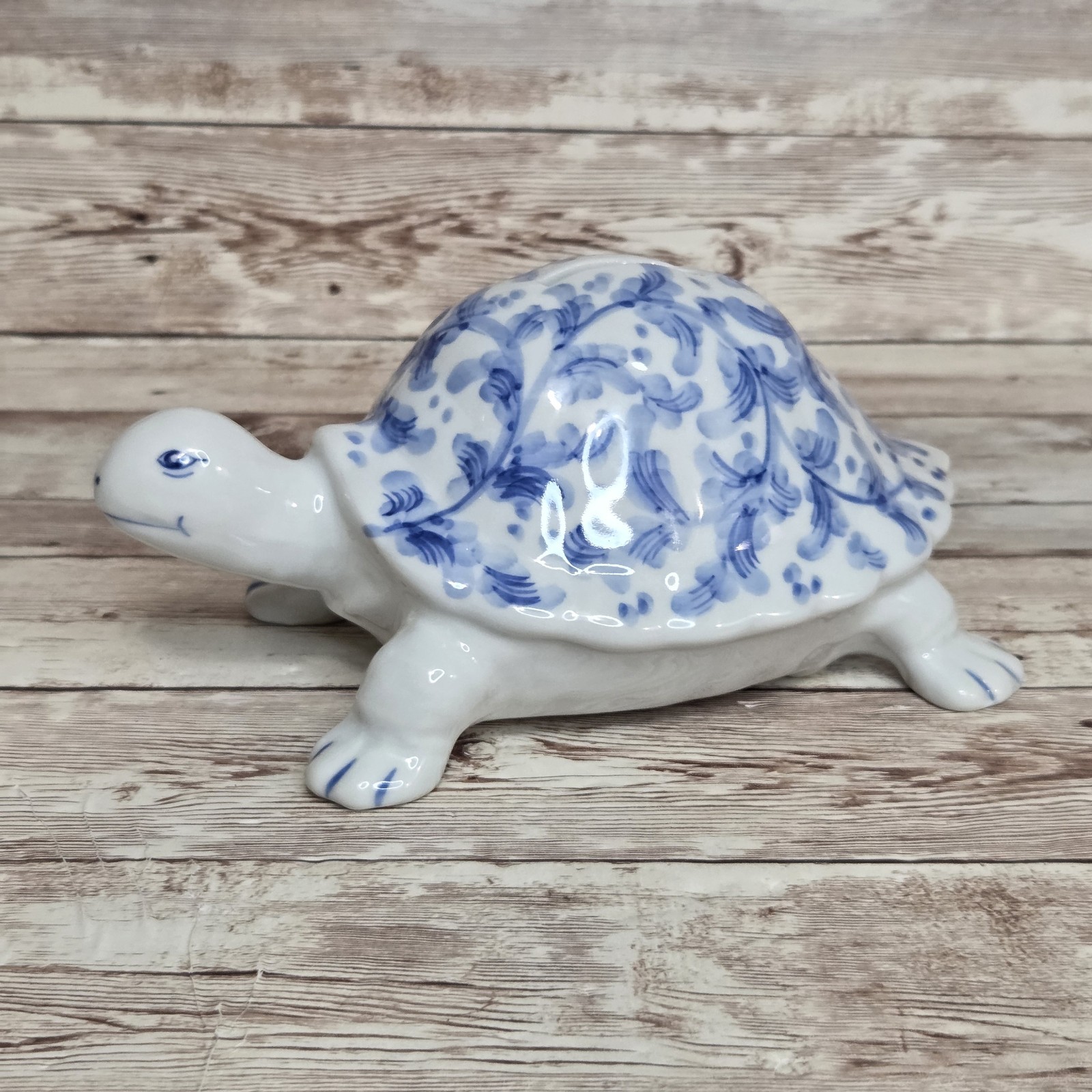 Vintage Andrea by Sadek Blue & White Floral Turtle Tortoise Porcelain Coin Bank 