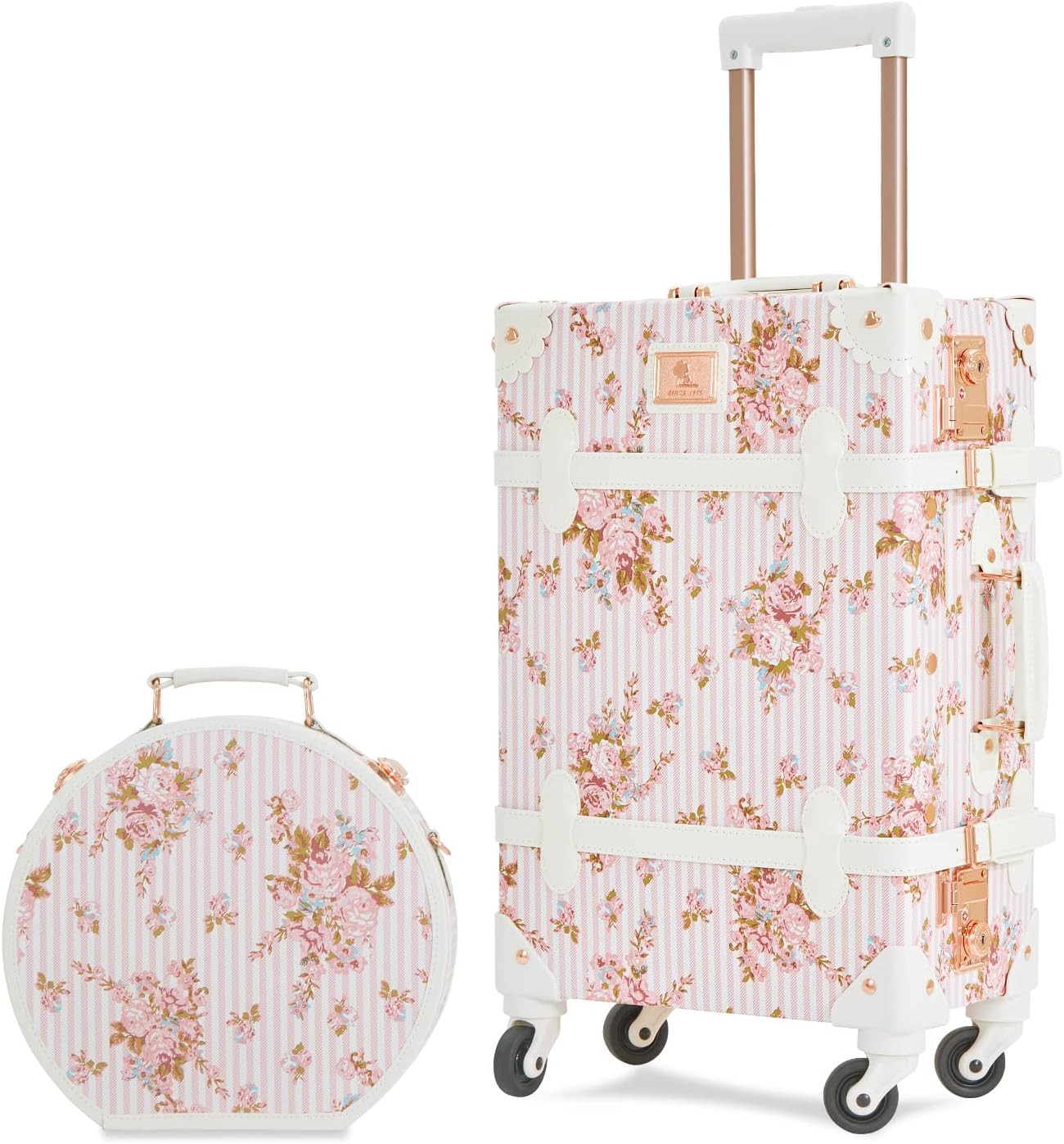 2 Pcs Vintage PU Leather Carry on Suitcase Set with round Hat Box for Women | Re