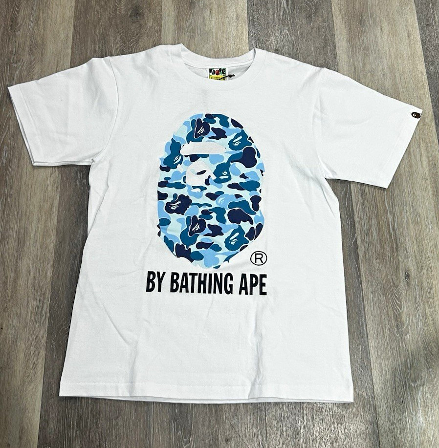 A Bathing Ape Men\'s S White Cotton Crew Neck Short Sleeve Ape Head Blue Camo Tee A Bathing Ape Men\'s S White Cotton Crew Neck Short Sleeve Ape Head Blue Camo Tee