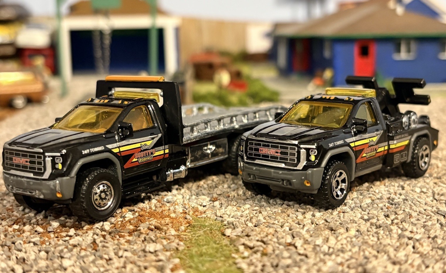 2 Custom 2024GMC Matchbox Wreckers 1 Flatbed Roll back & 1 Wheel Lift Truck