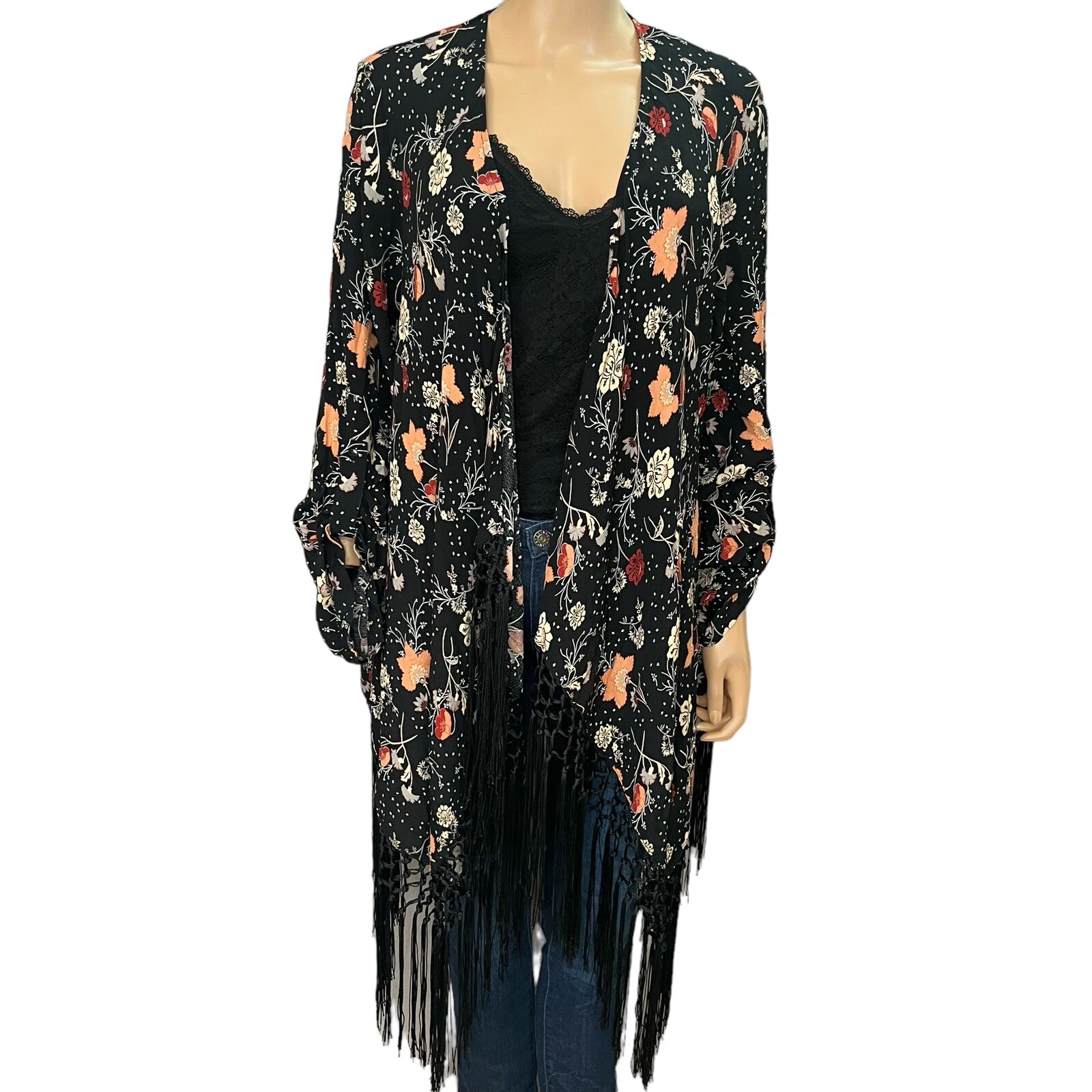 Torrid Fringe Kimono 1X Floral Open Front Boho Black Casual Festival Mid Length Torrid Fringe Kimono 1X Floral Open Front Boho Black Casual Festival Mid Length