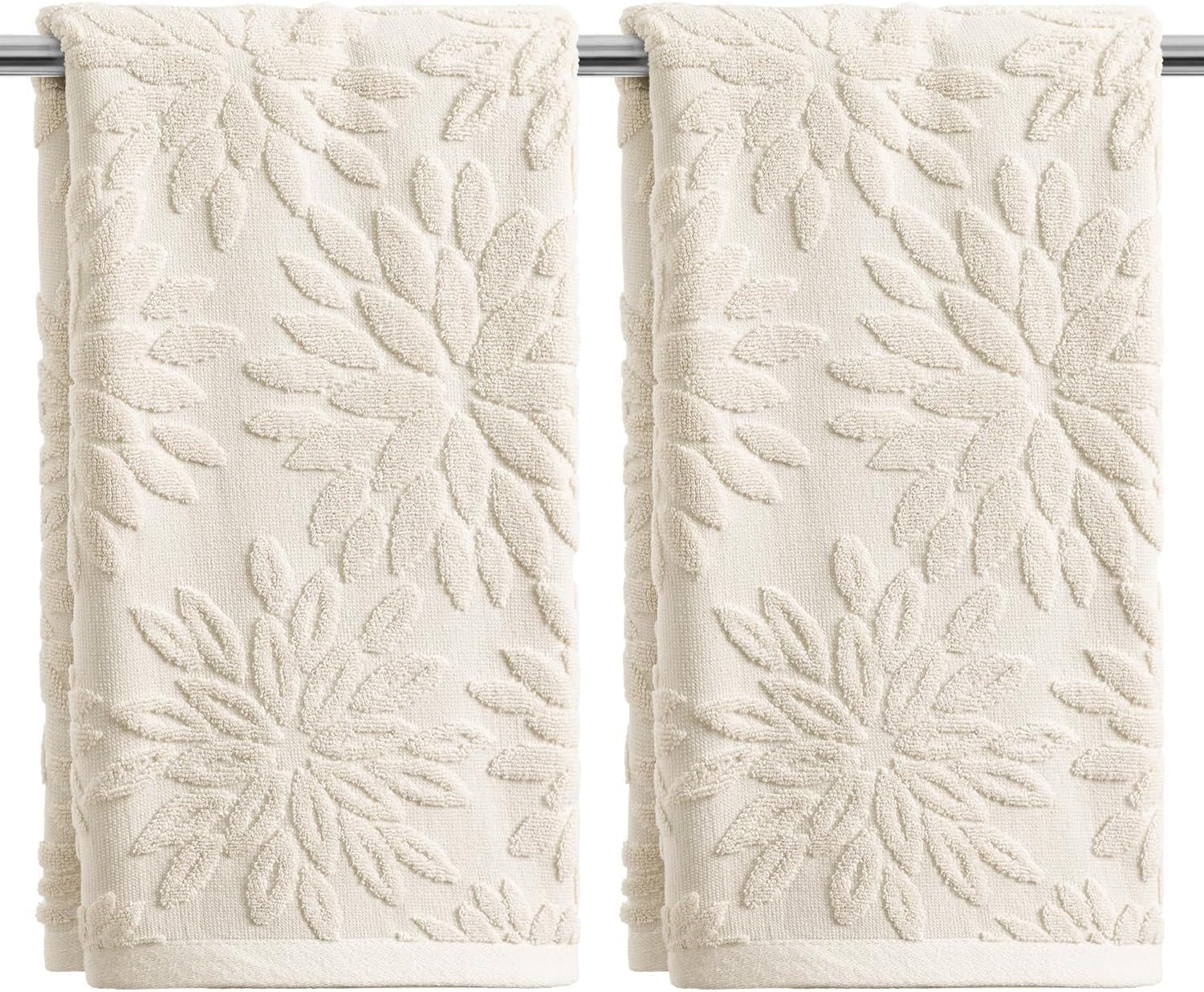 2 Pcs Beige 3D Dahlia Floral Jacquard Hand Towels for Bathroom