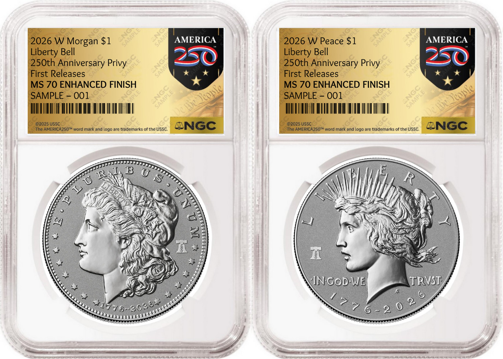 2 Coin Set 2026 Morgan Peace Enhanced 250th Privy NGC MS70 FR Gold Pre-Sale2