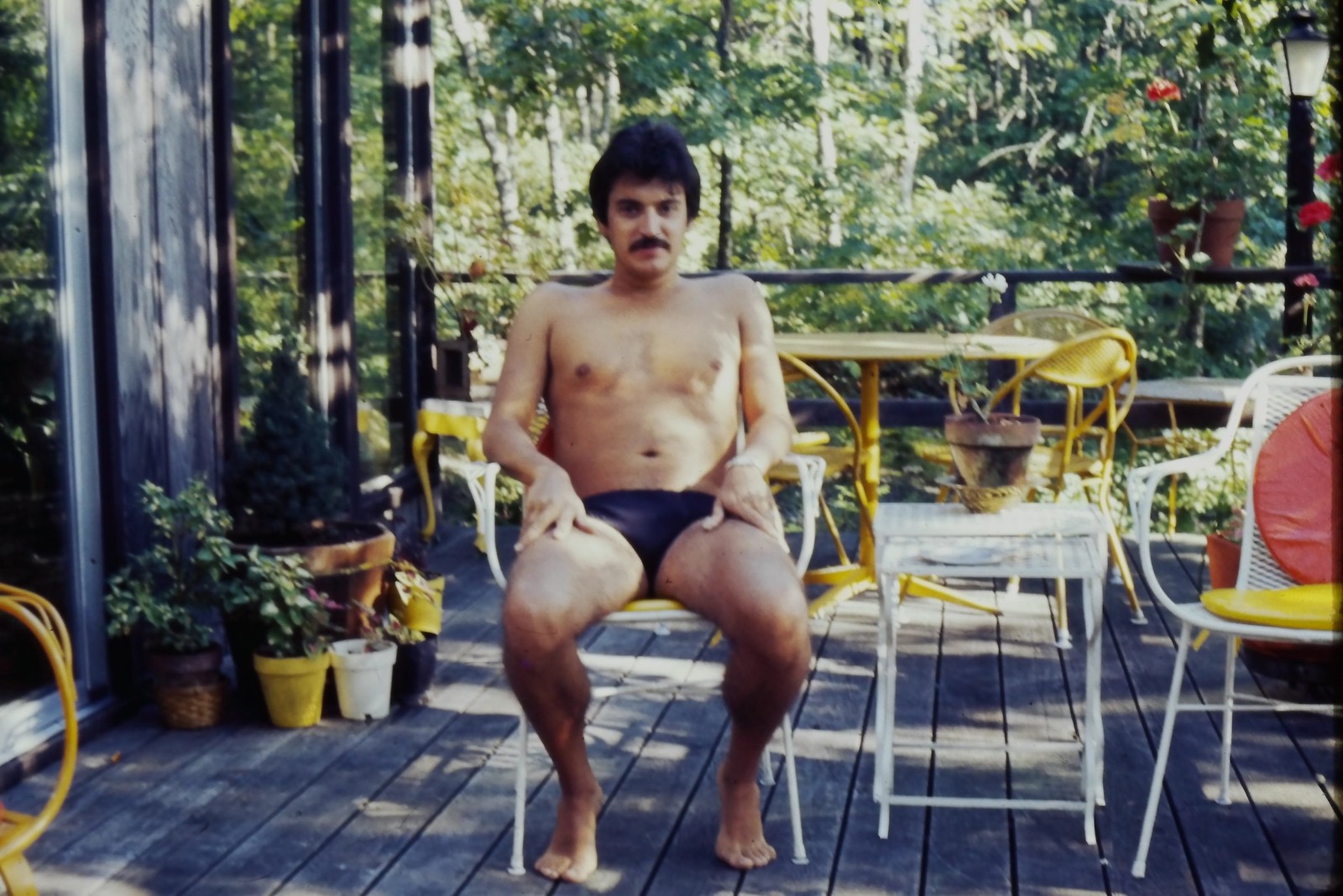 c1970's Ektachrome 35mm Slide, Man Swim Trunks Deck Patio Furniture summer c1970's Ektachrome 35mm Slide, Man Swim Trunks Deck Patio Furniture summer