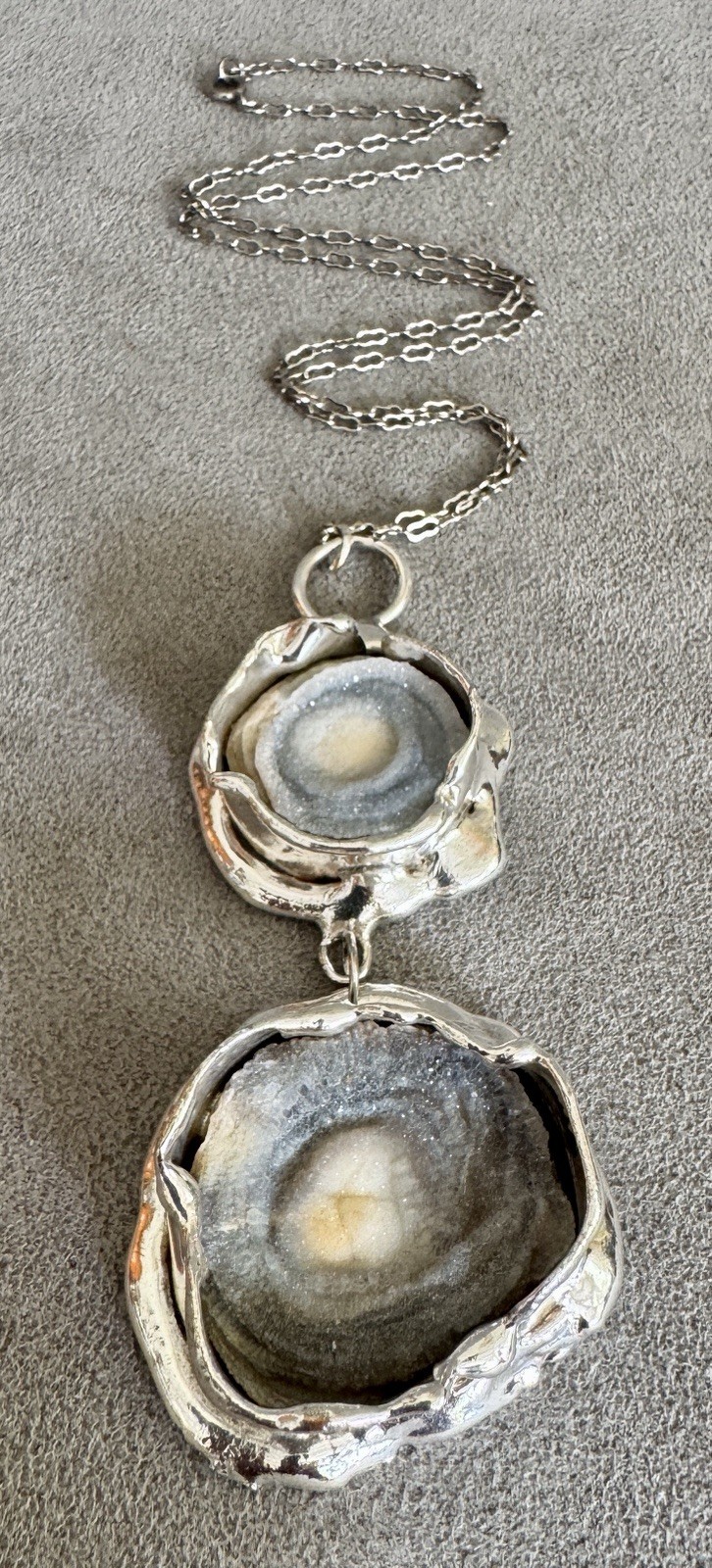 Vtg DS Dansk Smykkekunst DRUZY AGATE GEODE Brutalist 2 PENDANT Necklace Denmark