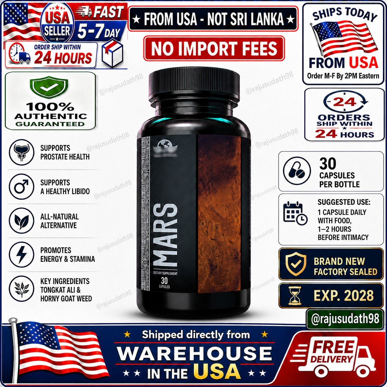 Mars Men's Vitality Supplement TongkatAli Horny Goat Weed 30 Tablets 🚚FromUSA🚚