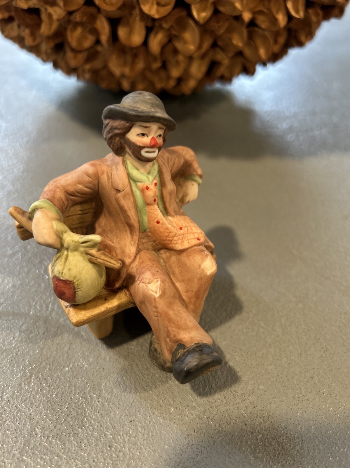 Vintage Flambro Emmett Kelly Jr Hobo Traveling Clown on Bench Porcelain Bisque Vintage Flambro Emmett Kelly Jr Hobo Traveling Clown on Bench Porcelain Bisque