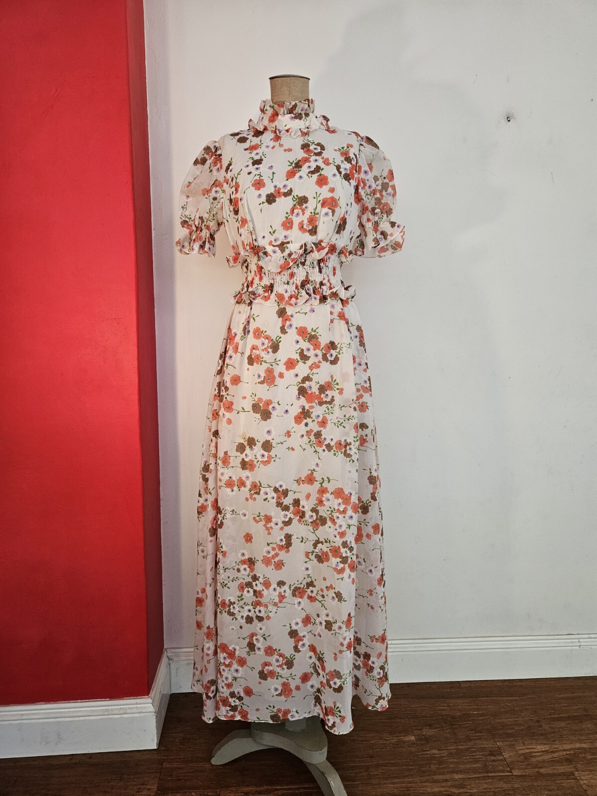 Vintage 70s Ricky Richards Maxi Dress Victorian infused Floral Size XS-S