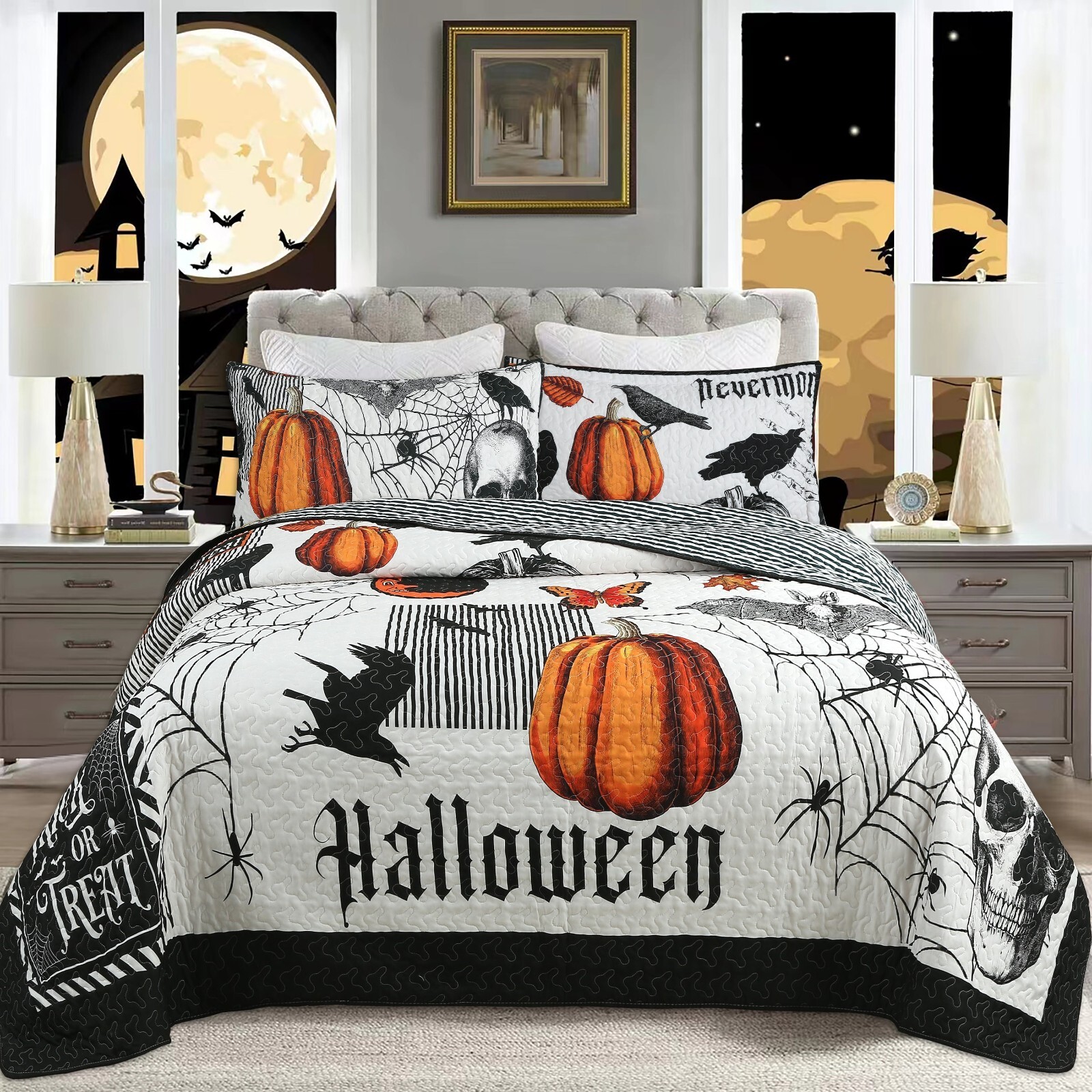 3 Pcs Halloween Themed Quilt Bedspread Set Cozy and Spooky Pumpkin Ghost ME500