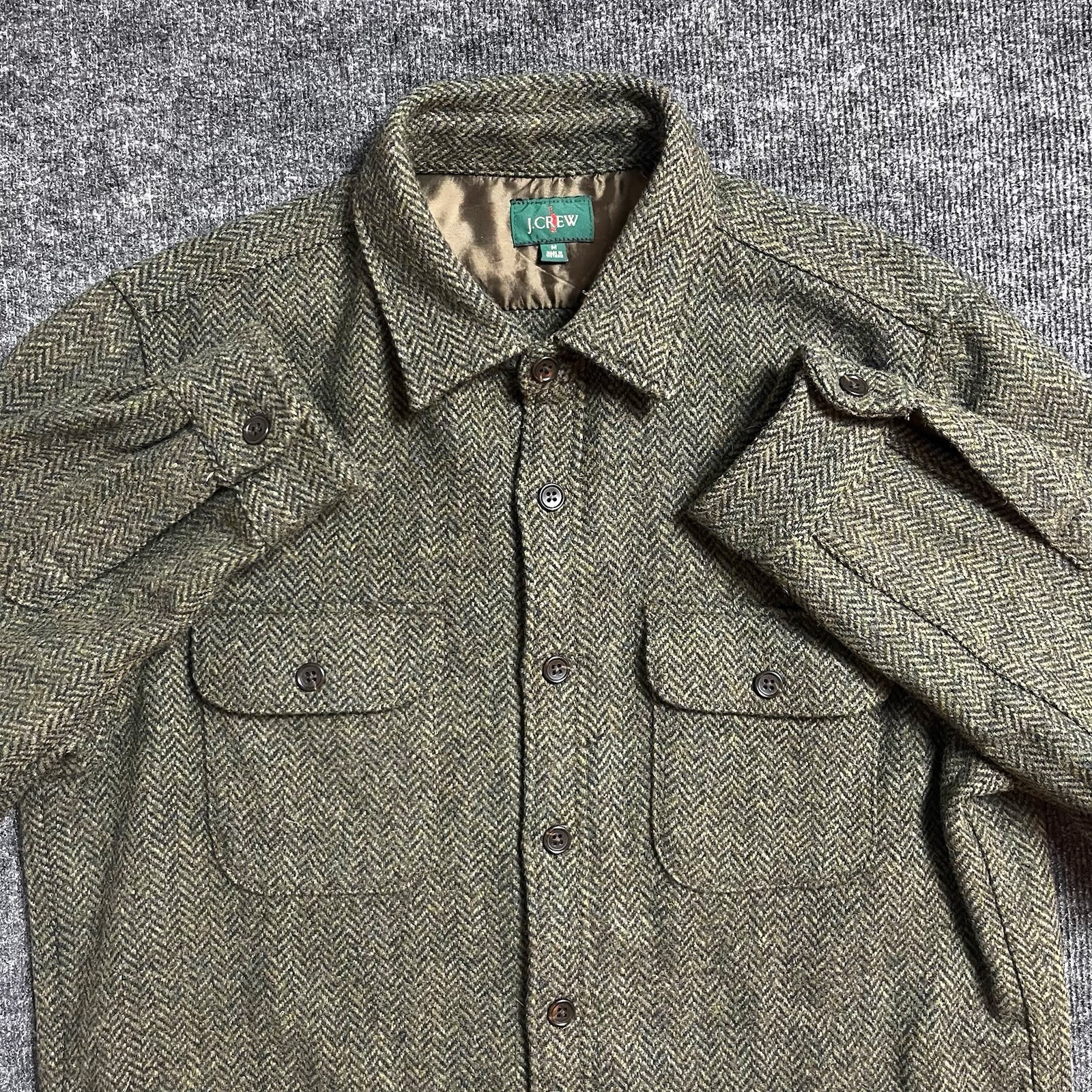 J Crew Brushed Wool Overshirt Men’s M 100% Wool Shacket Green Button Up Oarsman