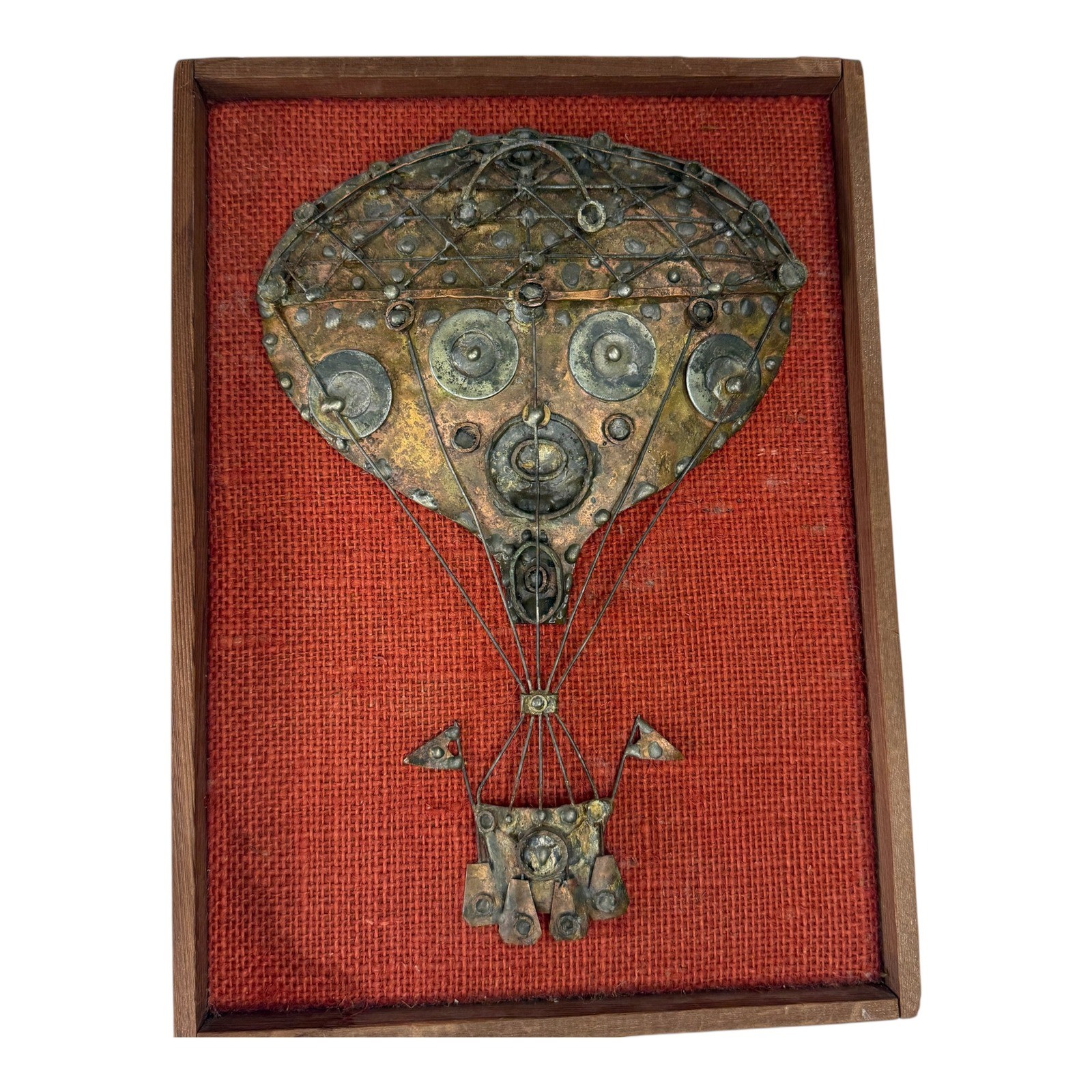 Vintage 1968 McCann Brutalist Metal Hot Air Balloon Wall Art Red Burlap MCM