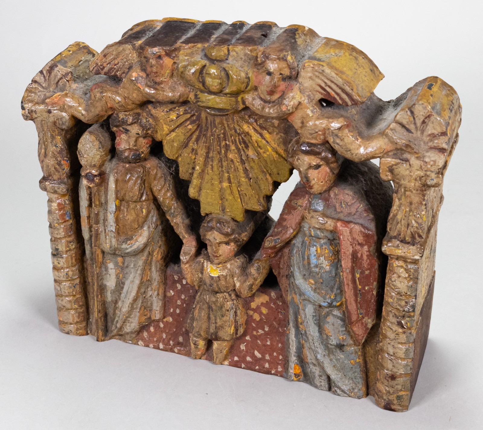 19th C. Antique Folk Art Holy Family Carved Wood Relief Santo 19th C. Antique Folk Art Holy Family Carved Wood Relief Santo