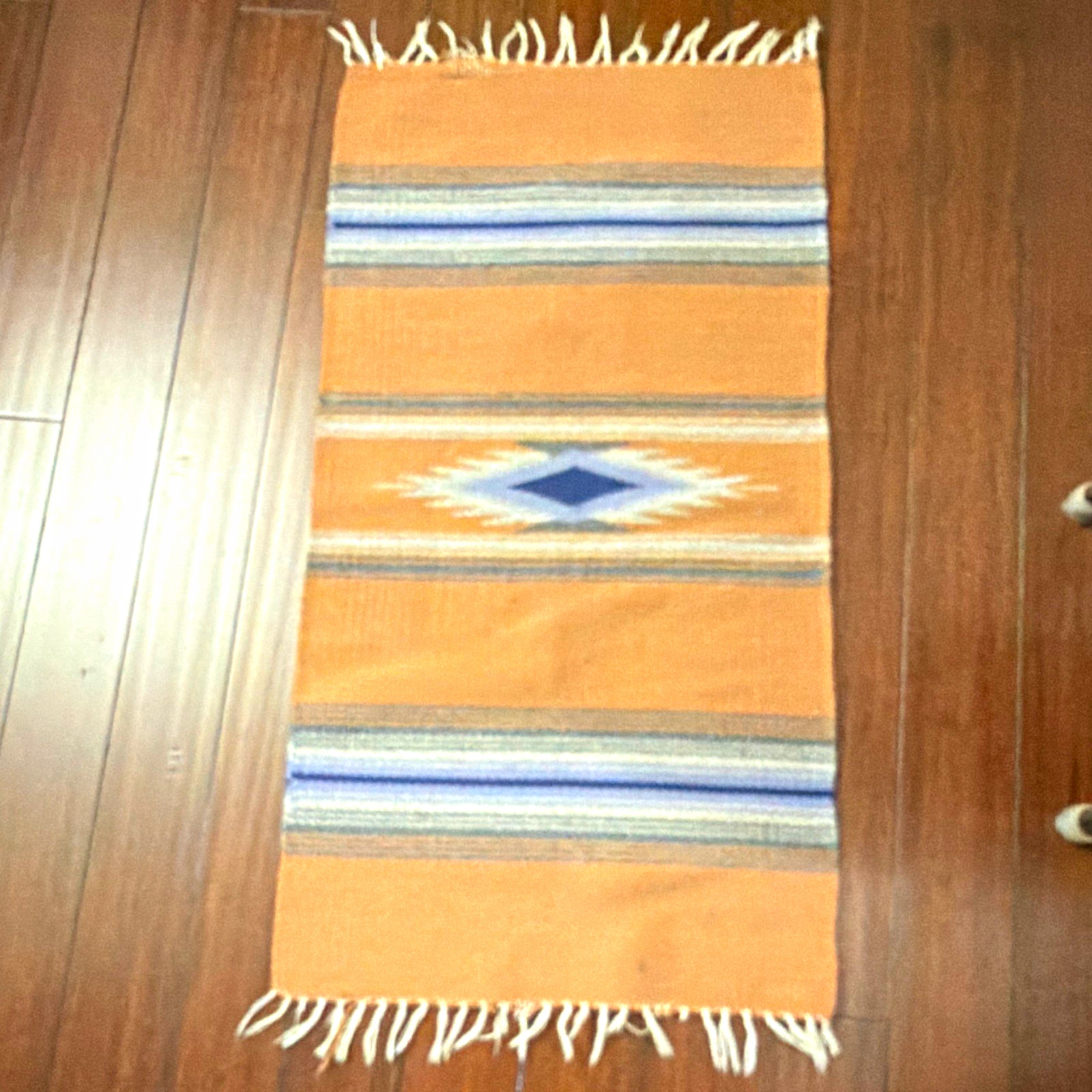 Ortega's 24” x 48” Chimayo 100% Wool Hand Woven Rug Textile w/ Tan Blue Diamond Ortega's 24” x 48” Chimayo 100% Wool Hand Woven Rug Textile w/ Tan Blue Diamond