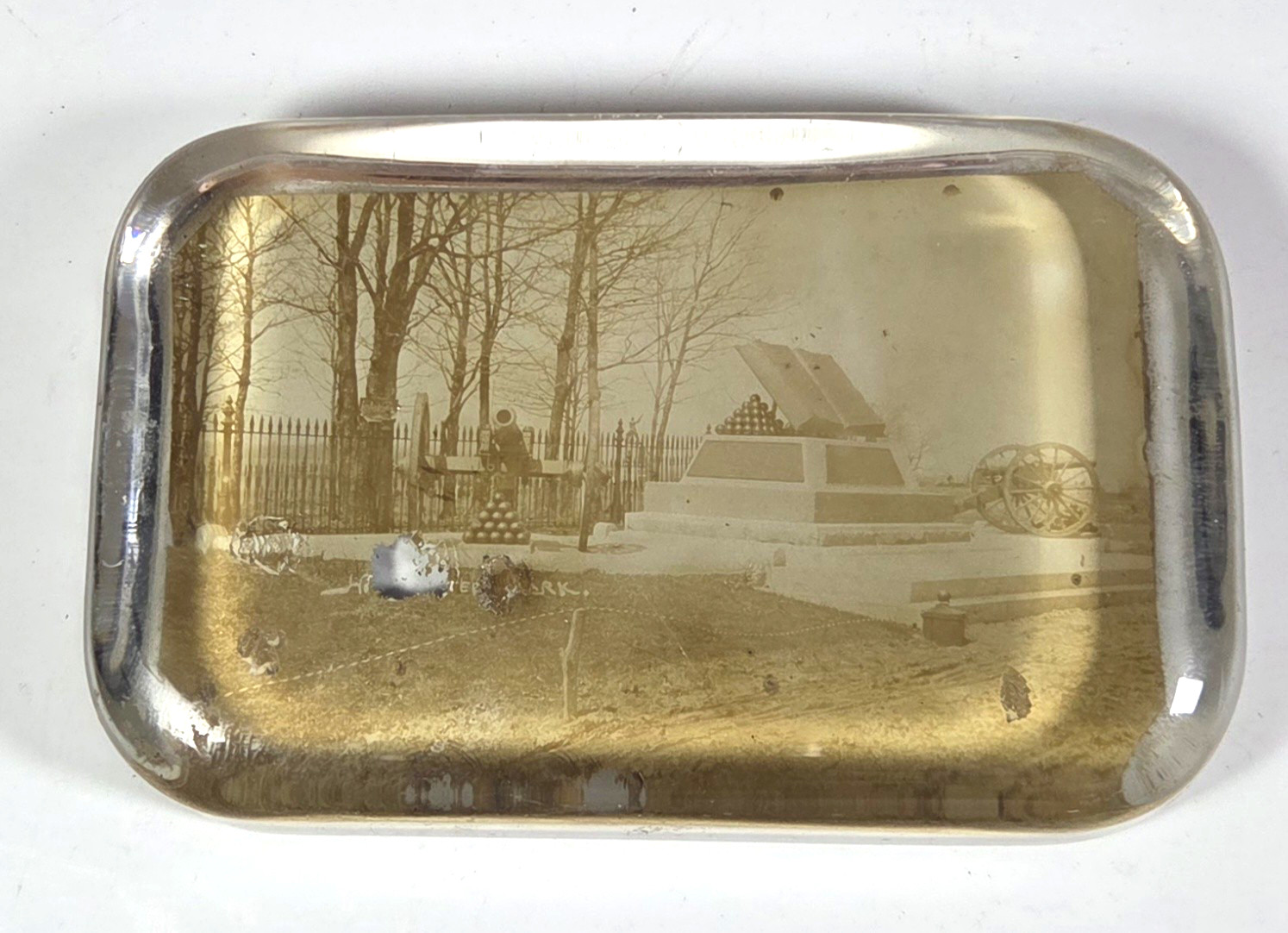 Antique Gettysburg Glass Photo Paperweight J M Warner Civil War Battlefield