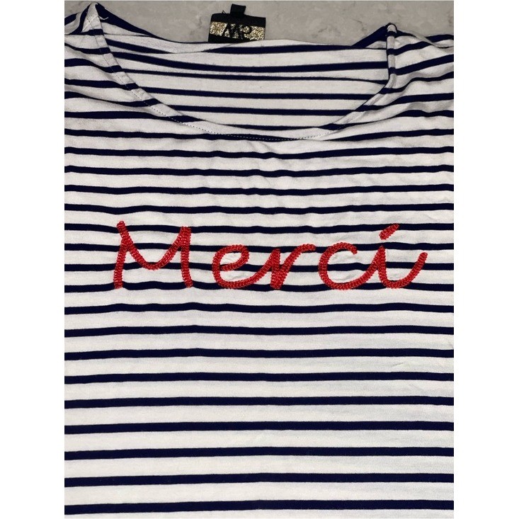 W5 Women Navy White Striped Merci Graphic Short Sleeve Shirt Size M Paris Travel
