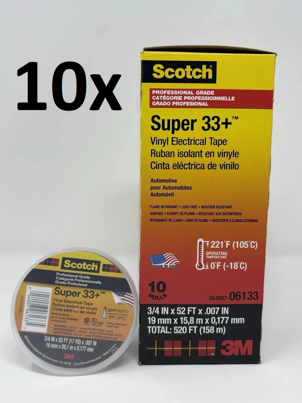 10x (10 PACK) 3M Scotch Super 33+  Vinyl Electrical Tape 06133 (100 total rolls)