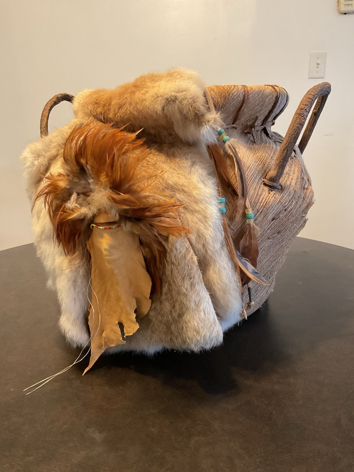 Vintage Handmade Native American Woven Basket from Corn Husk Feathers Rabbit Fur