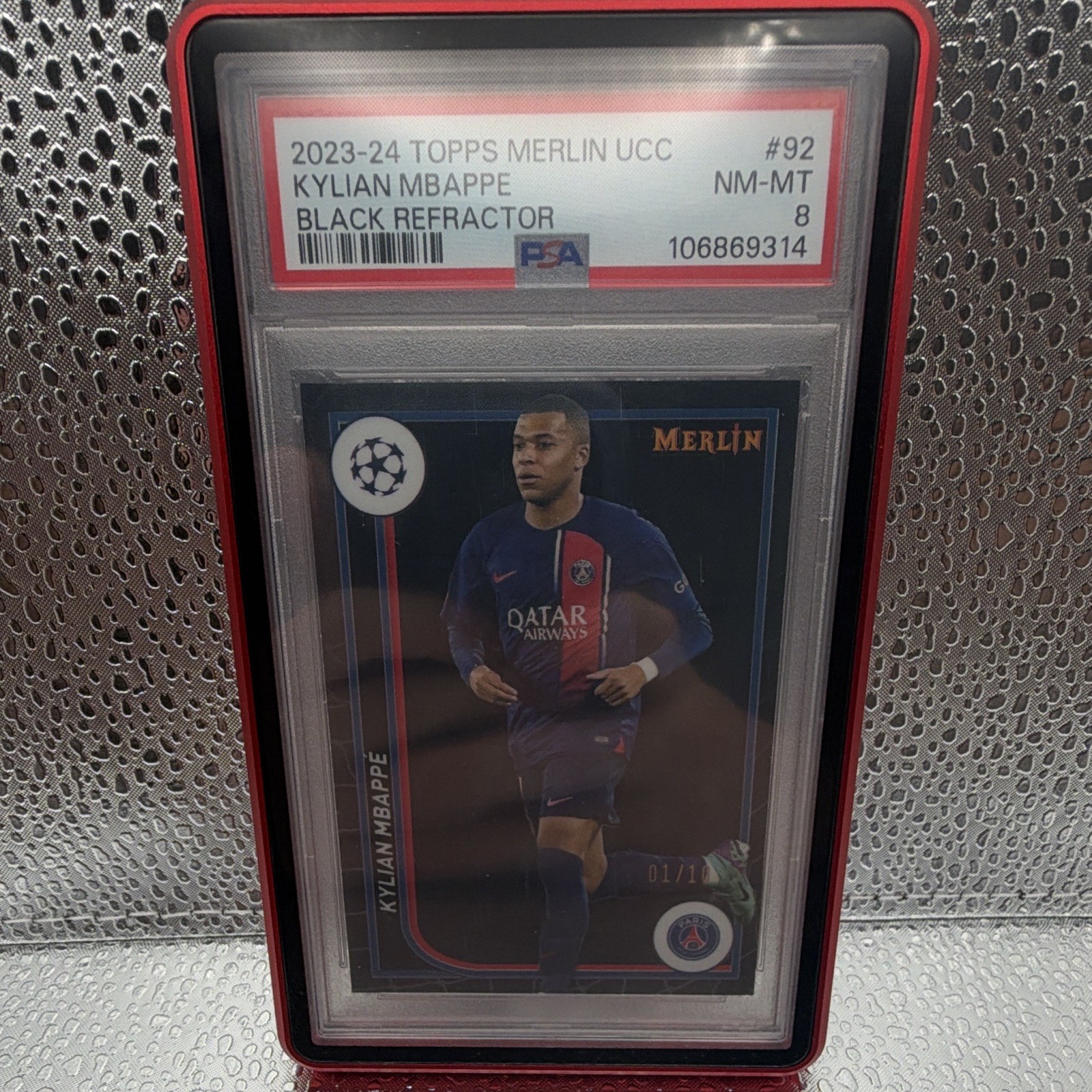 Topps Merlin UCC 2023-24 Kylian Mbappé #92 Black Refractor /10 PSA 8