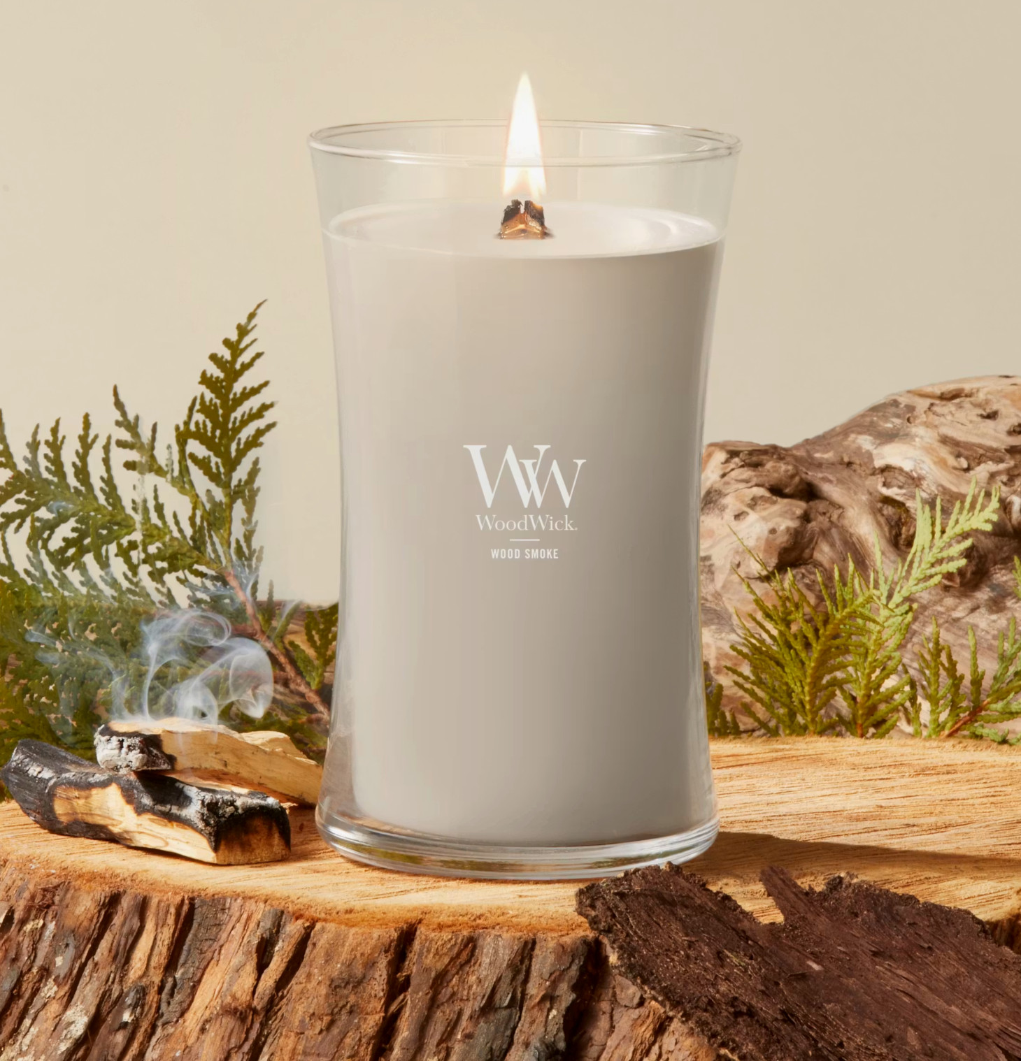 WoodWick Wood Smoke Large Hourglass Candle Jar 21.5 oz Black Cedar Bonfire Scent