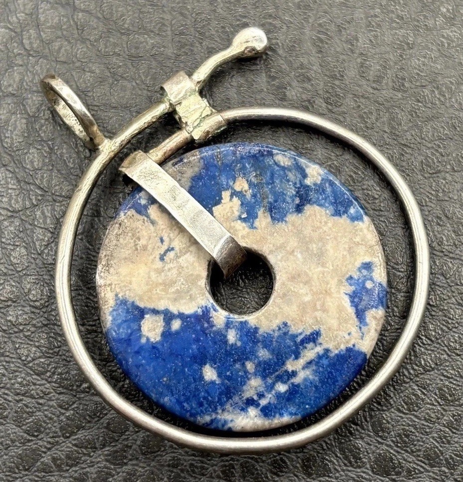 Vintage Blue White Stone Donut Disc Sterling Silver Artisan Modernist Pendant Vintage Blue White Stone Donut Disc Sterling Silver Artisan Modernist Pendant