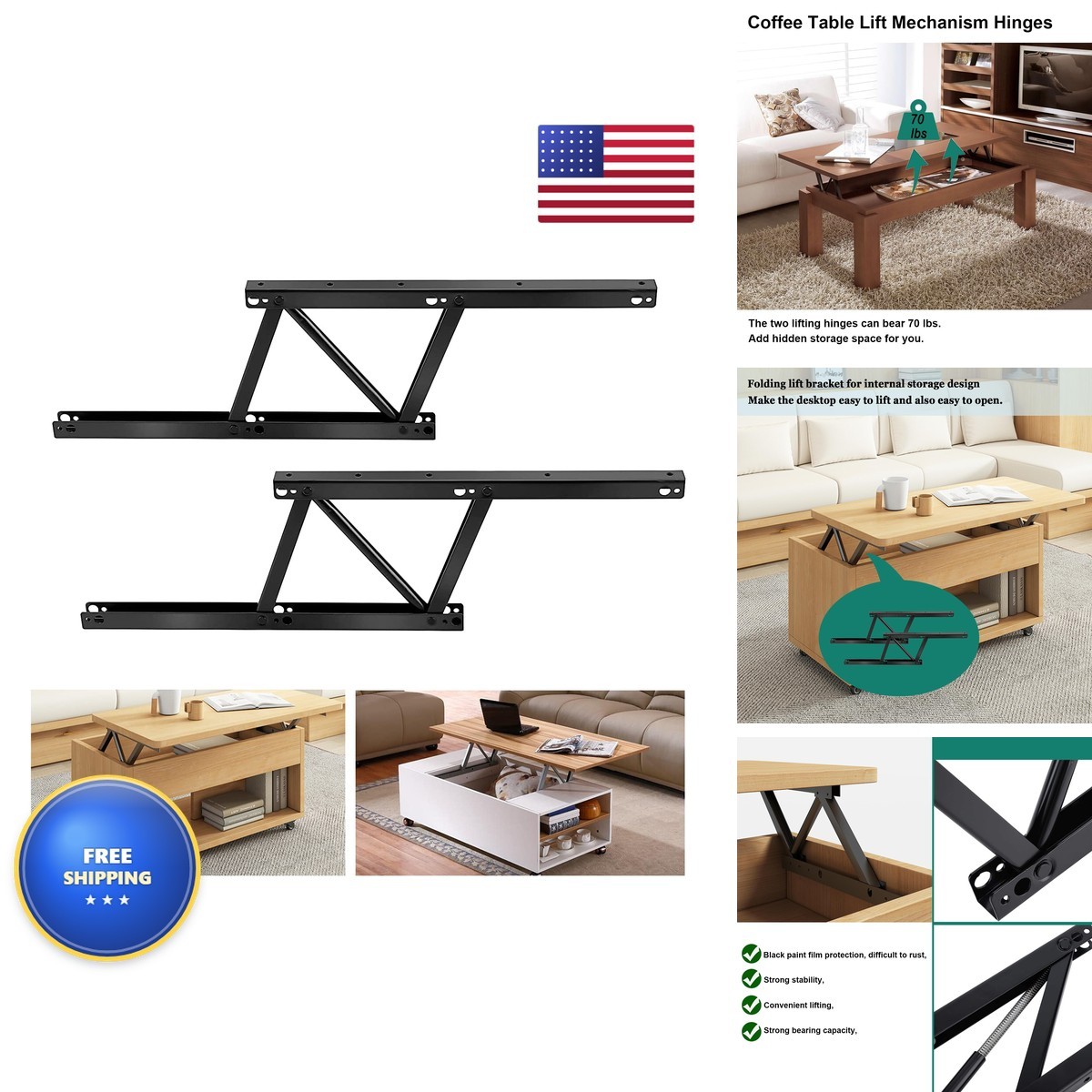 ANTEISI A08 Coffee Table Lift Top Hinge 2 Pcs Black Steel ANTEISI A08 Coffee Table Lift Top Hinge 2 Pcs Black Steel