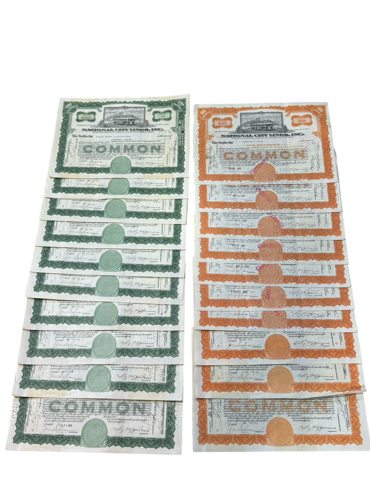 Vintage 1940s National City Lines Stock Certificate Lot Of 20 Transportation Bus