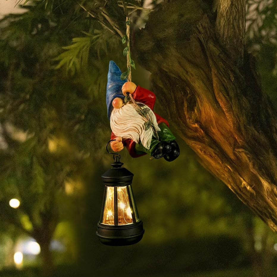 Solar Hanging Gnome Garden Statues Funny Climbing Rope Gnome with Lantern Fall O
