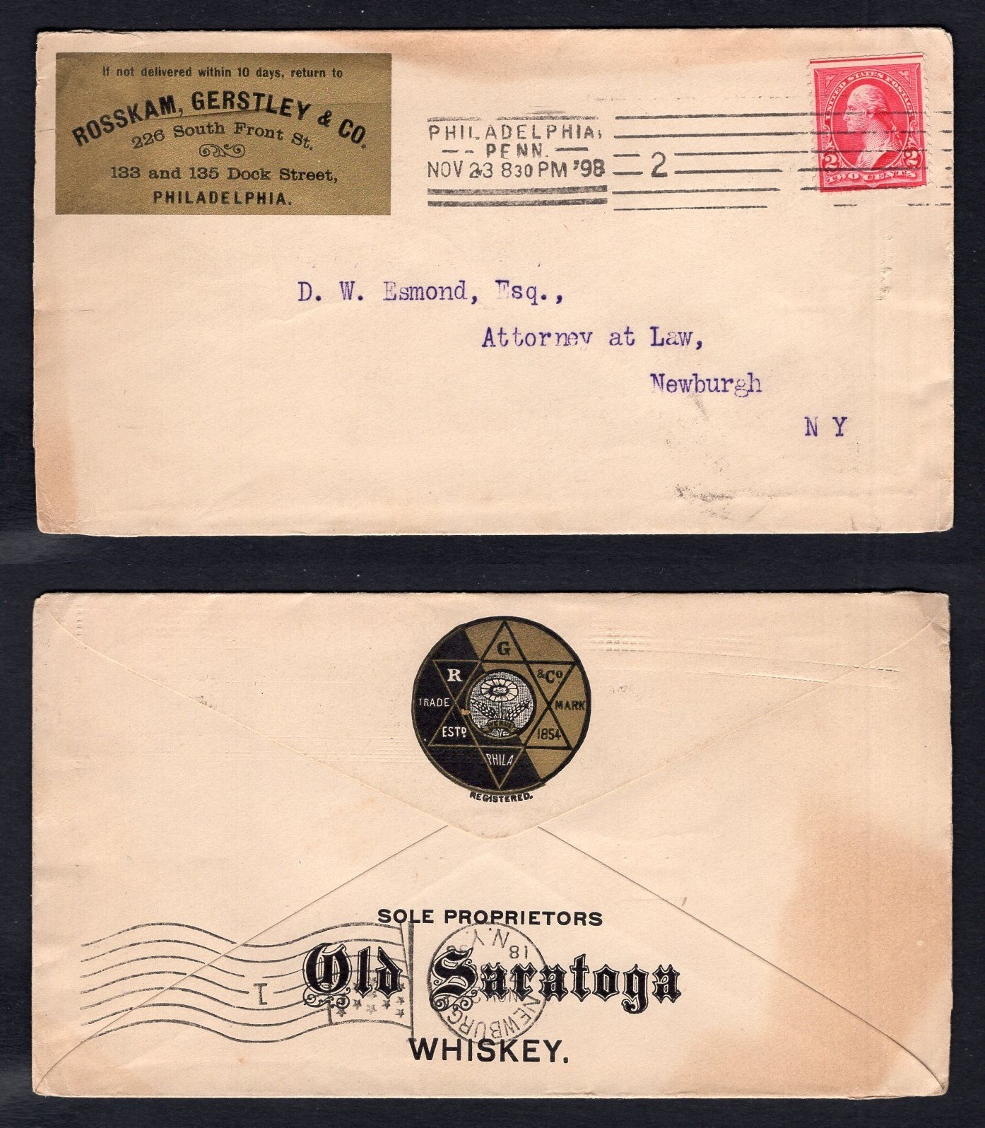 USA Philadelphia 1898 Old Saratoga Whiskey ILLUSTRATED Advertising Cover Alcohol