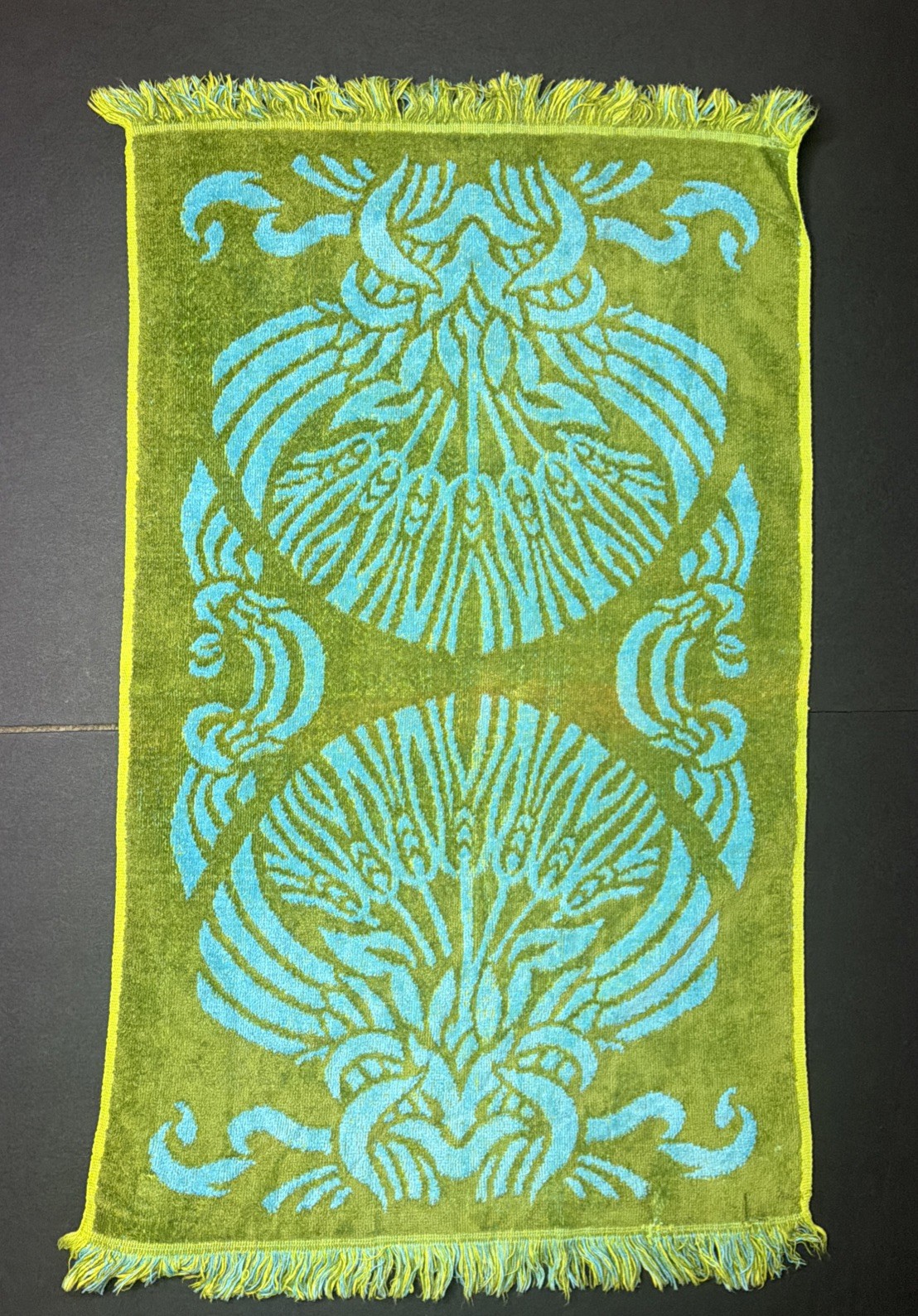 Vintage Martex Hand Towel Green Turquoise Blue Paisley Fringe MCM 1970s USA