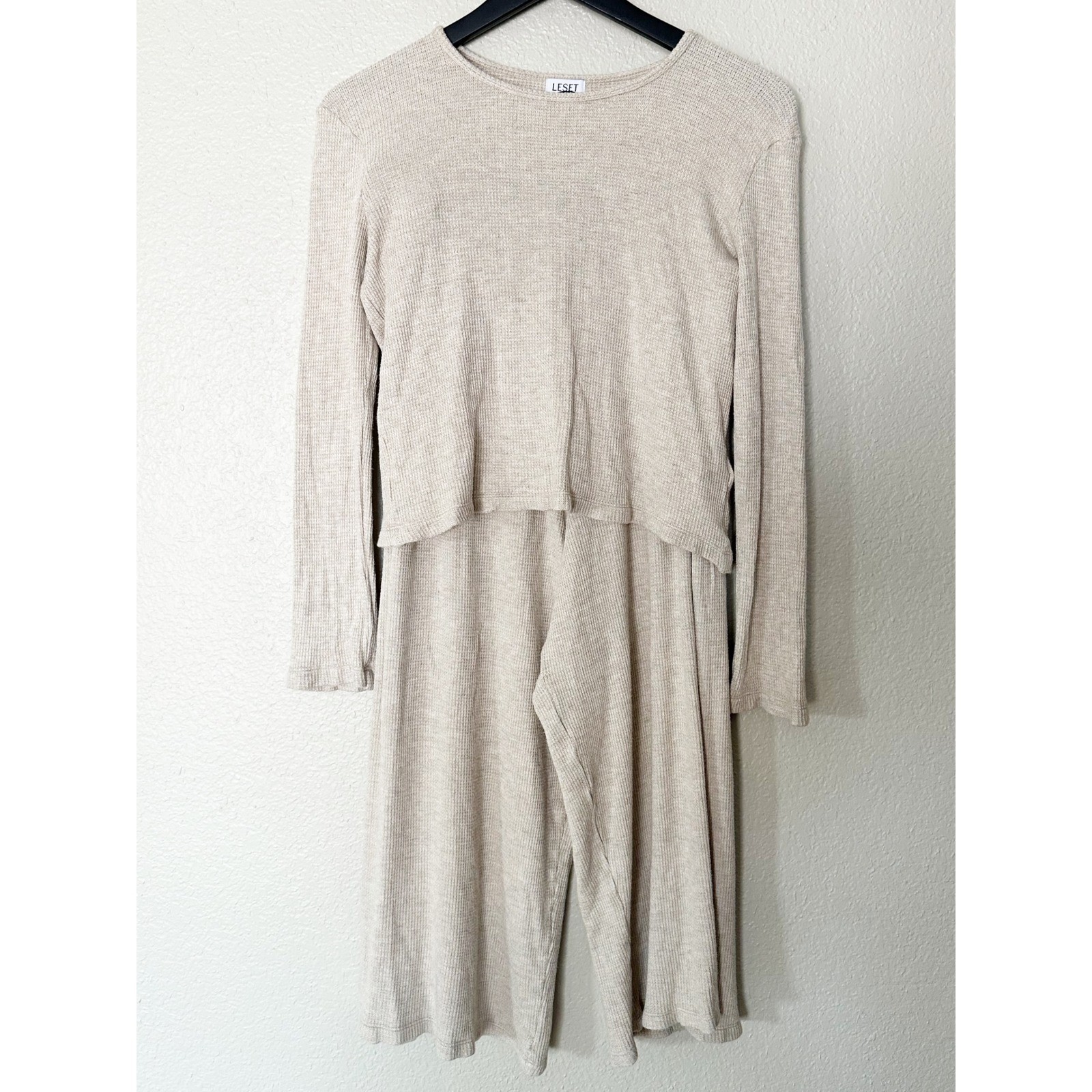 Leset Waffle Knit Lounge Set Oatmeal Beige Long Sleeve Top Wide Leg Pants Small