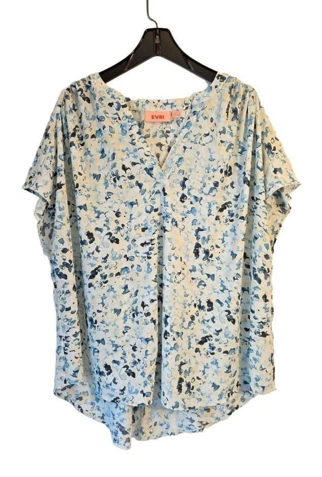 EVRI White, Blue, and Black Abstract Print Short Sleeve Blouse, Size 2X EVRI White, Blue, and Black Abstract Print Short Sleeve Blouse, Size 2X