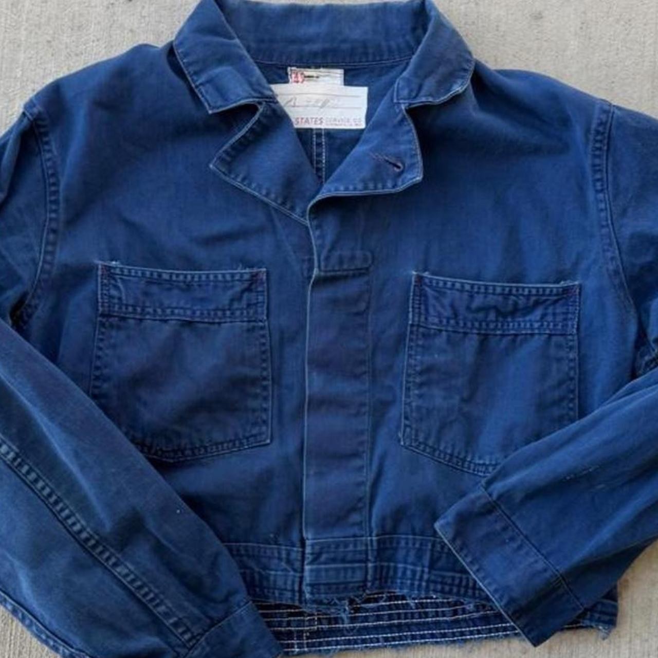 Vintage 1960s Tri-States Service Co Blue Work Jacket Cropped Faded Chore Jacket Vintage 1960s Tri-States Service Co Blue Work Jacket Cropped Faded Chore Jacket