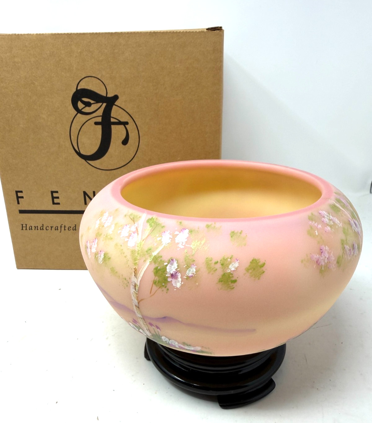 Fenton Burmese Rose Bowl with Stand Signed D Fredrick NEW