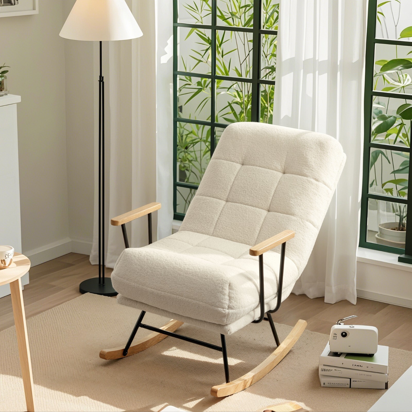 Adjustable Rocking Chair Velvet Upholstered Rocker High Back Armrest Padded Seat