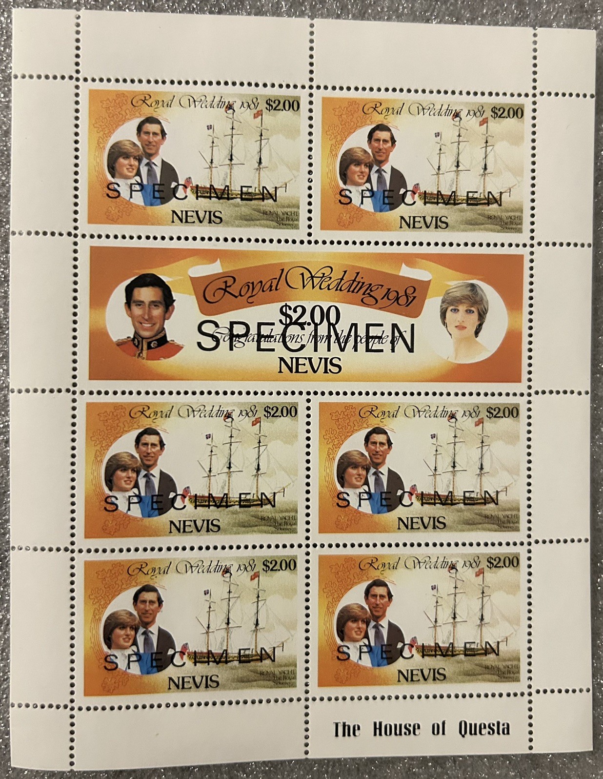NEVIS - 1981 ROYAL WEDDING - Specimen stamps $2 full page with margins MNH