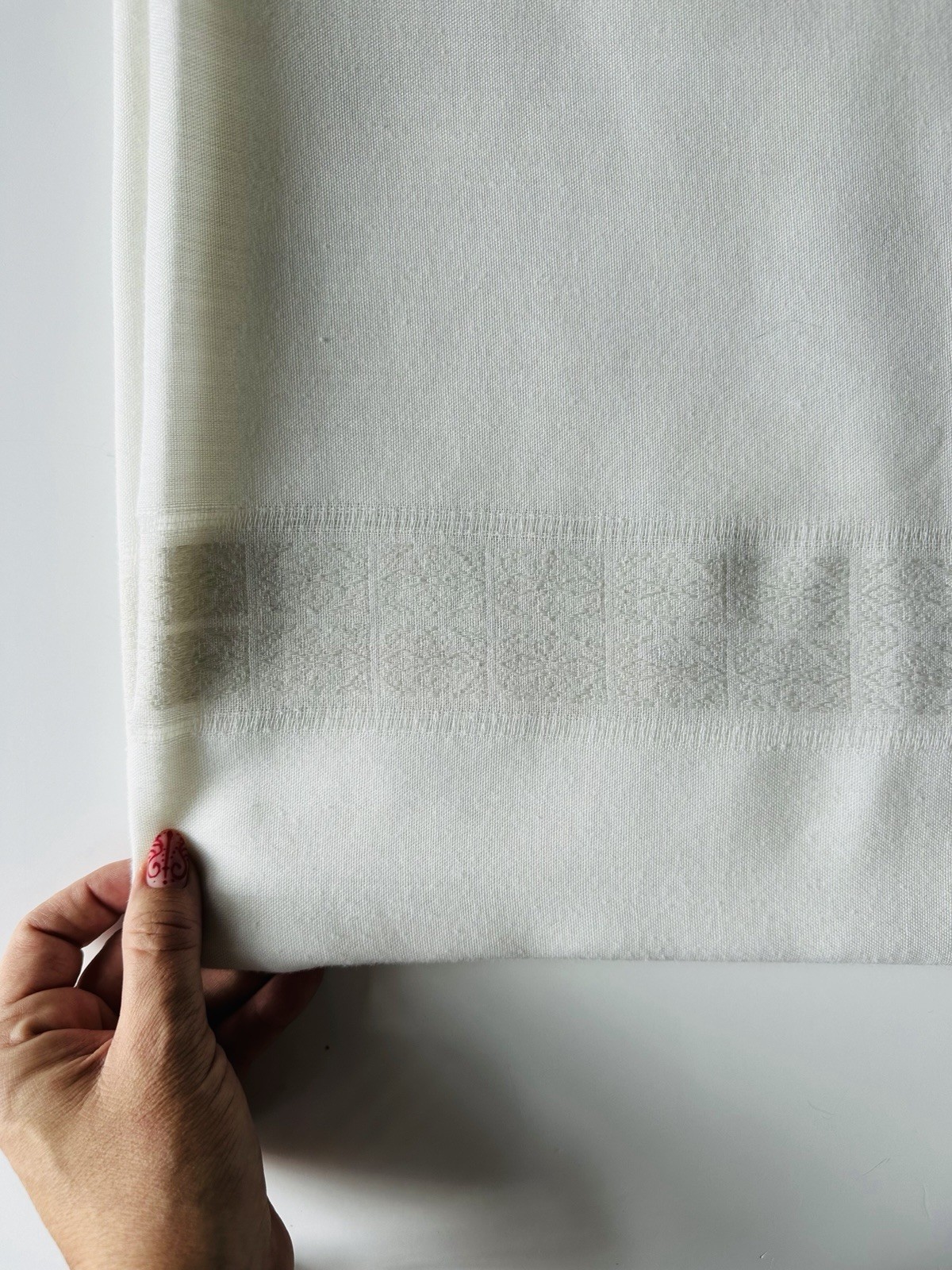 Vintage White Woven Tablecloth 80x60 Jacquard Hemstitch Geometric Boho Cottage