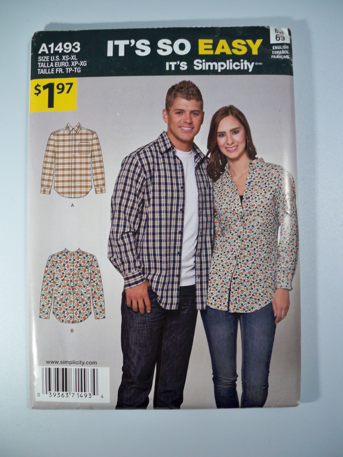 Simplicity A1493 Sewing Patter Misses,  Men\'s Shirt Size XS-XL Uncut FF