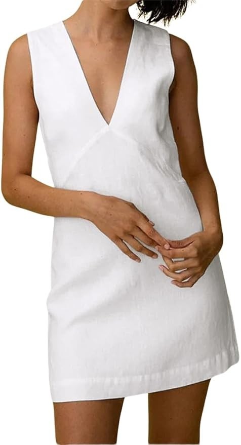 Women's Summer Sleeveless Mini Dress V Neck Cinched A Line Slim Tank Short Dress