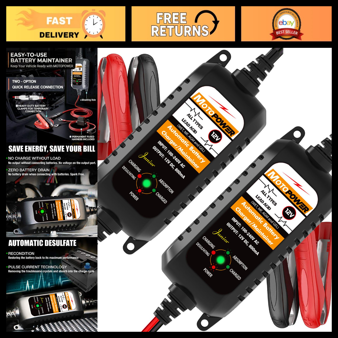 12V 800mA Automatic Battery Charger Maintainer - 2-Pack, Smart Charging Solution 12V 800mA Automatic Battery Charger Maintainer - 2-Pack, Smart Charging Solution