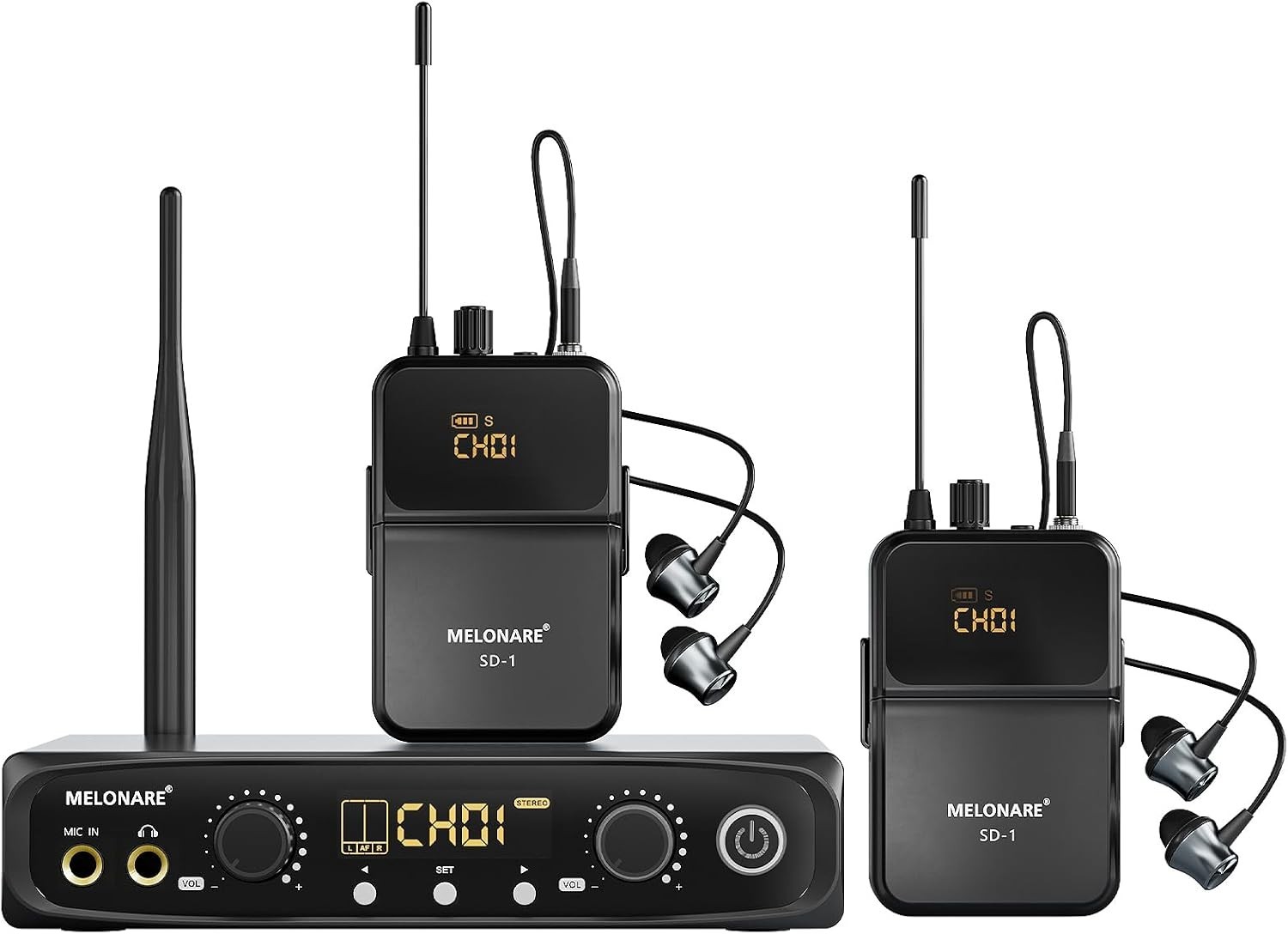 MELONARE Wireless IEM System Stereo/Mono 200ft SD-1-2R | 2 Bodypack Receivers...