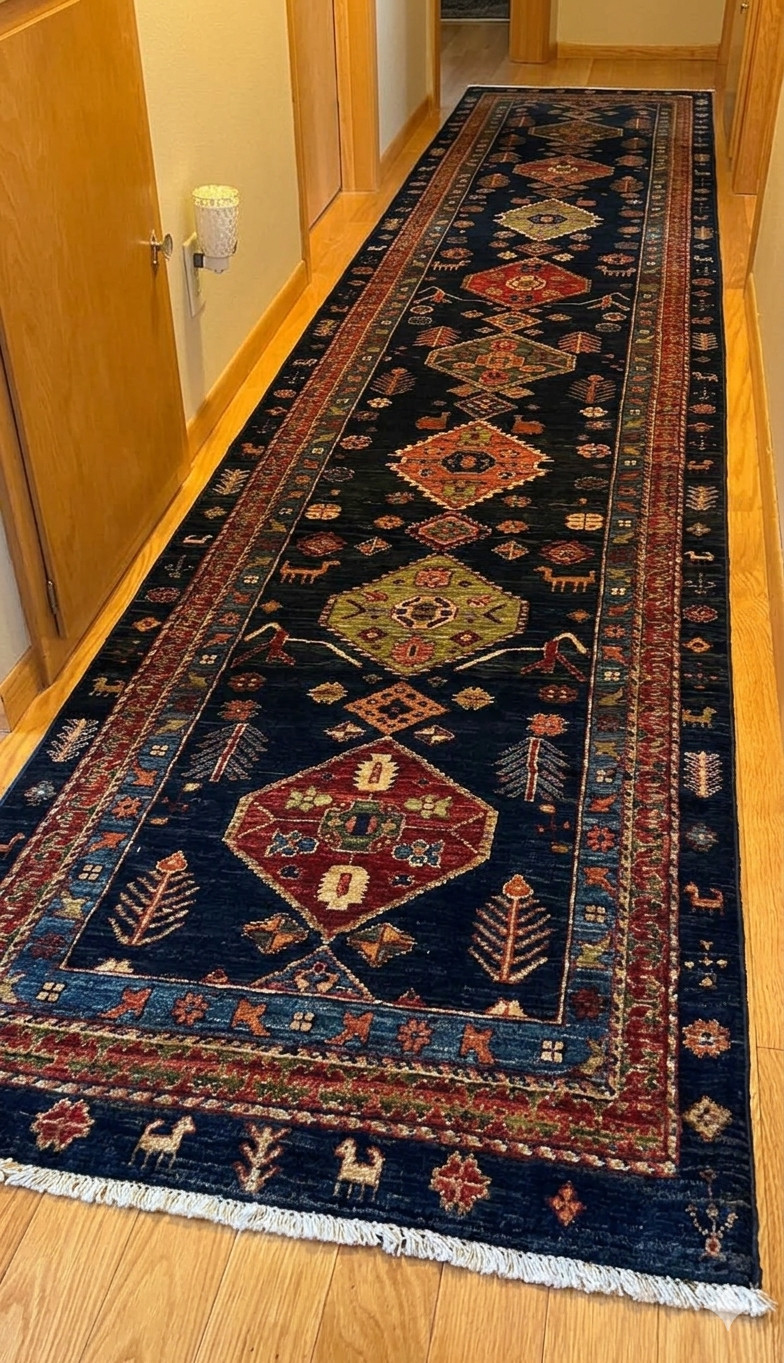 Handmade Navy Blue Runner Rug Wool Tribal Vintage Hallway Carpet Custom Size