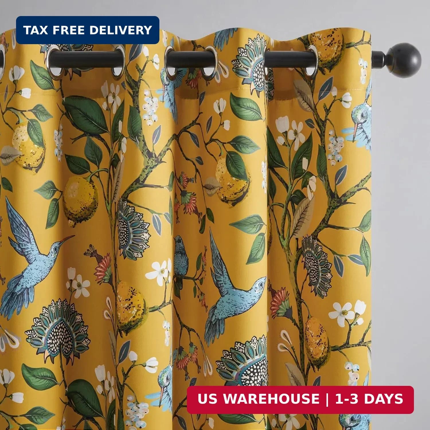Mustard Yellow Blackout Curtains 84 Inch Grommet Floral Hummingbird Drapes Pair