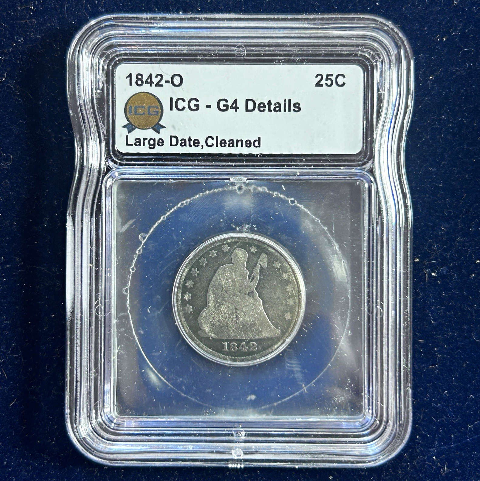 1842-O Seated Liberty Quarter 25C Large Date ICG G4 Details Cleaned