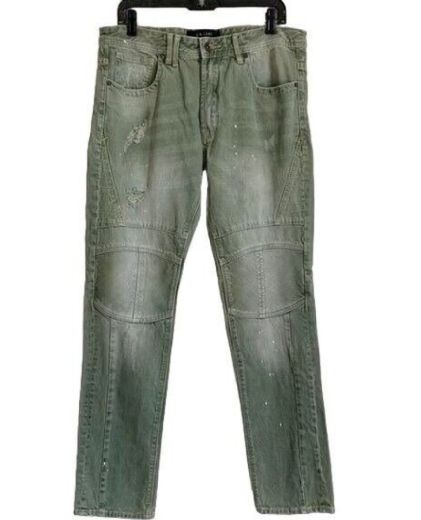 Akoo By Rapper TI Green Distressed Splatter Ultra Slim Moto Jeans 34x33 Akoo By Rapper TI Green Distressed Splatter Ultra Slim Moto Jeans 34x33