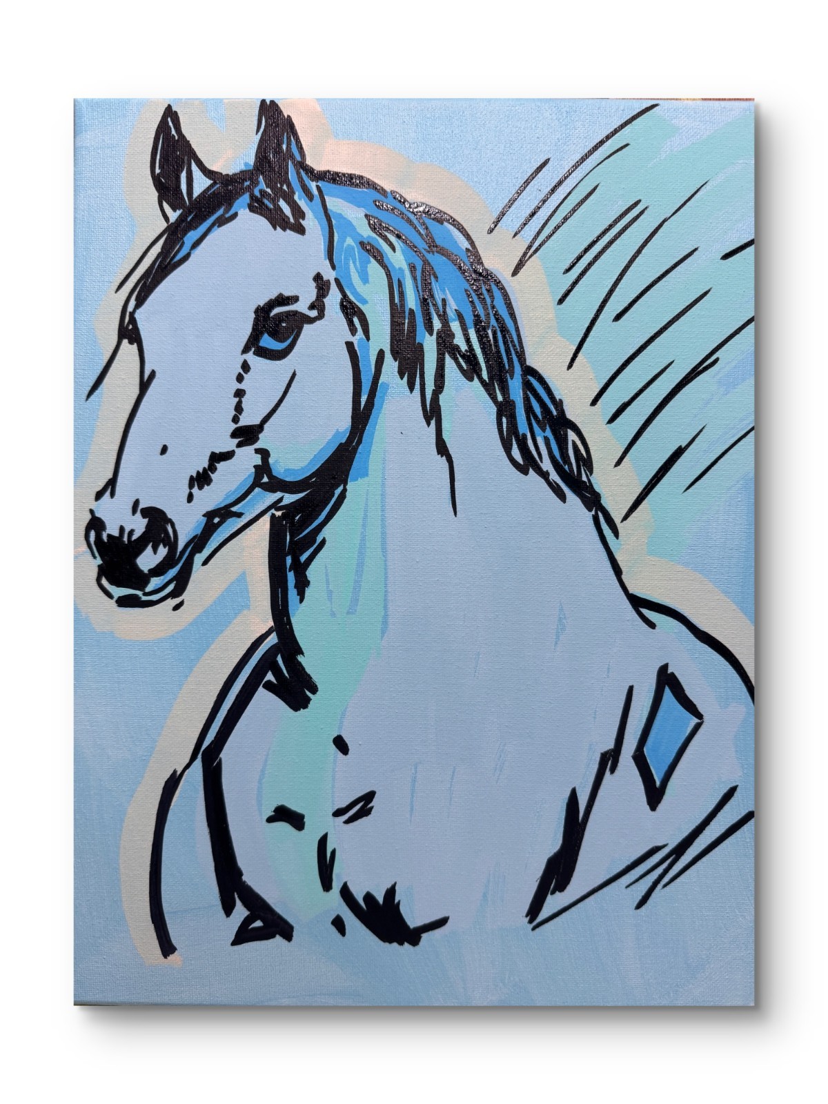 Original Acrylic 11x14 Minimalist Horse Signed Teal Blues Wall Art